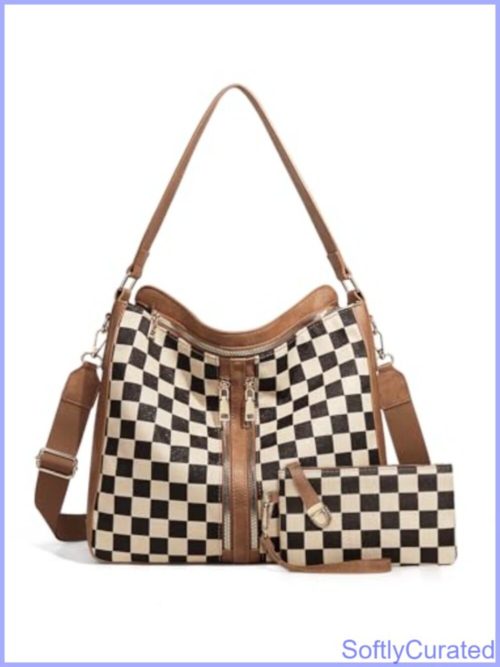 Checkered PU Leather Canvas Hobo Handbag Crossbody Shoulder Tote Purse
